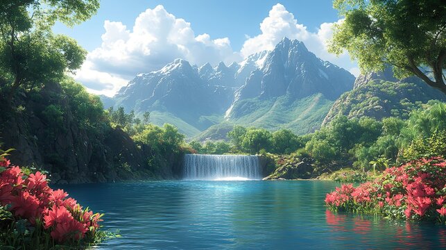 creation genesis god planted a garden in a place called eden paradisiacal garden with diverse trees and plants and majestic peaks
