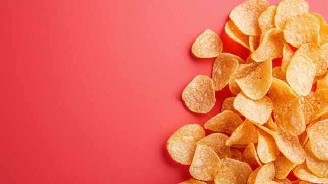 Crunchy Potato Chips Piled on Vibrant Red Background