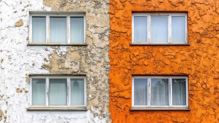 Building facade half renovated, showing before and after.