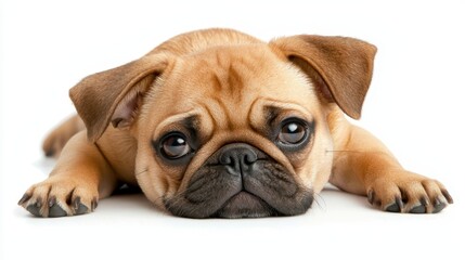 Obraz premium Adorable small dog resting peacefully on a clean white surface