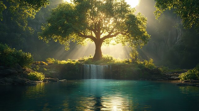 creation genesis god planted a garden in a place called eden serene and verdant landscape featuring a majestic tree flowing water and abundant greenery