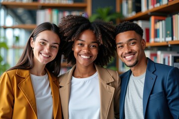 Fototapeta premium A Group of Three Young Adults in a Modern Library: Two Women and One Man, Smiling and Posing Emotionally in a Brightly Lit Space Full of Books