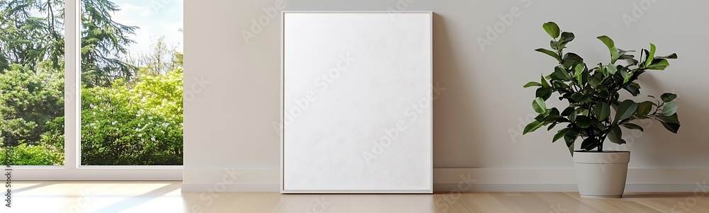 Poster blank canvas in a bright room with a potted plant and large window overlooking greenery.