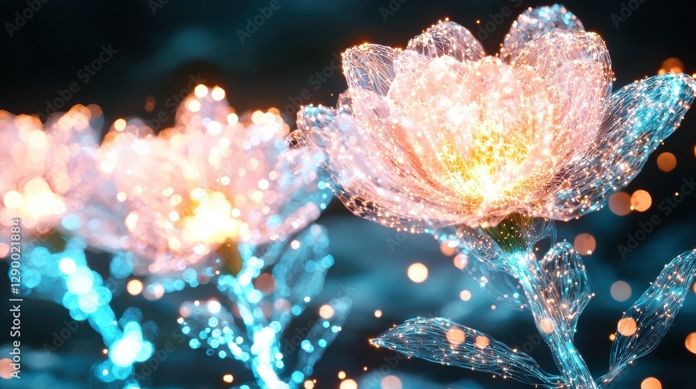 Poster enchanting image of otherworldly glowing flowers sparkling with iridescent luminescent radiance in a