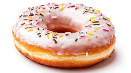 Delicious Glazed Donut with Colorful Sprinkles on White Background