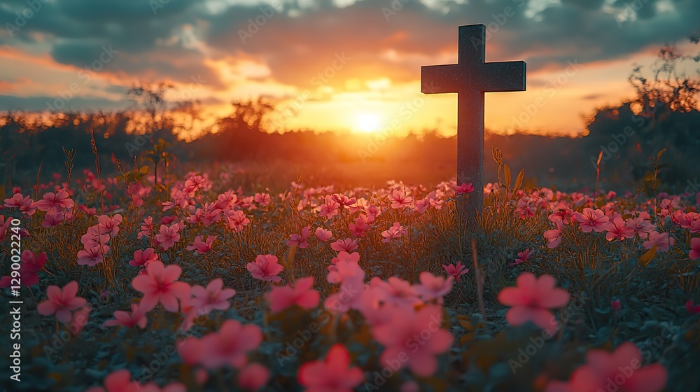 Poster cross and spring flowers in the field retro style toned image