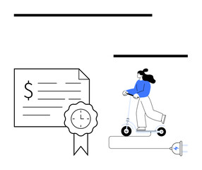 Woman riding an electric scooter, certificate with dollar sign and clock icon, and an electric plug. Ideal for sustainability, eco-friendly transport, certification, time management, financial