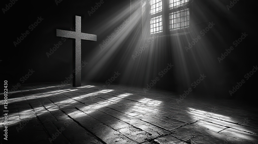 Aufkleber cross in a dark room with lights filtering on the wall black and white image