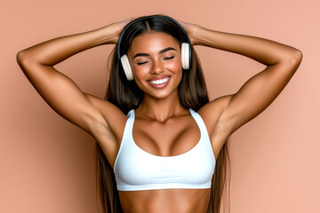 Obraz premium A woman with long hair is wearing headphones and smiling. She is wearing a white tank top and she is enjoying her music