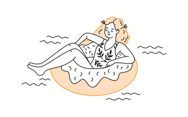 A smiling woman enjoying a peaceful summer moment while floating on an inflatable ring in the water, relaxing and feeling free in a minimalist doodle-style illustration.
