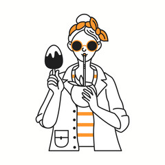 A fashionable young woman wearing sunglasses and a headscarf, holding an ice cream and a tropical coconut drink, enjoying summer in a doodle-style illustration.