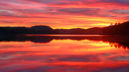 Naklejka premium Sunset Serenity: Mesmerizing Reflection of Sunset Over Tranquil Lake Framed By Distant Silhouettes