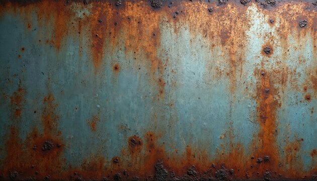 Close up of rusty metal surface. Old aged industrial grunge blue brown texture background with rust eaten spots. Abstract backdrop for graphic design or digital art.