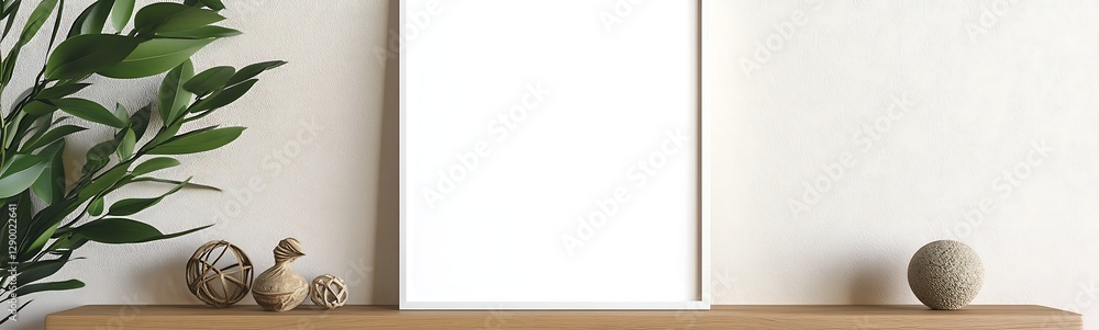 Poster blank canvas on a wooden table with decorative elements and greenery in a minimalist setting.