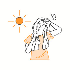 A young woman wiping sweat from her forehead while drinking a bottle of water, enjoying the sunny weather but feeling the summer heat, illustrated in doodle style.