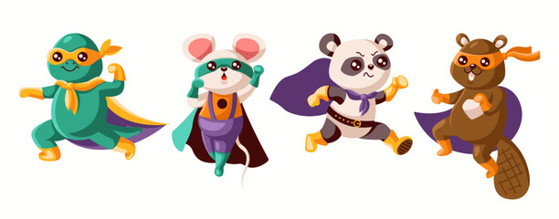 Illustration of four cute cartoon animals dressed as superheroes wearing colorful capes and masks displaying dynamic and playful expressions against white background