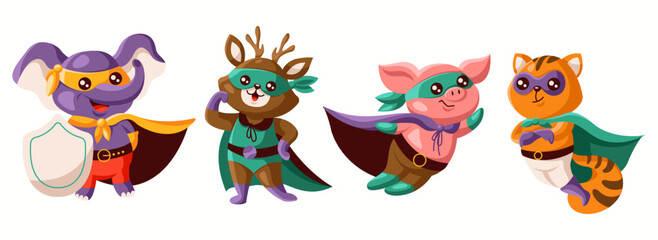 Illustration of four cartoon animals as superheroes wearing capes and masks. An elephant, a deer, a pig, and a cat display heroic poses with unique costumes and colors.
