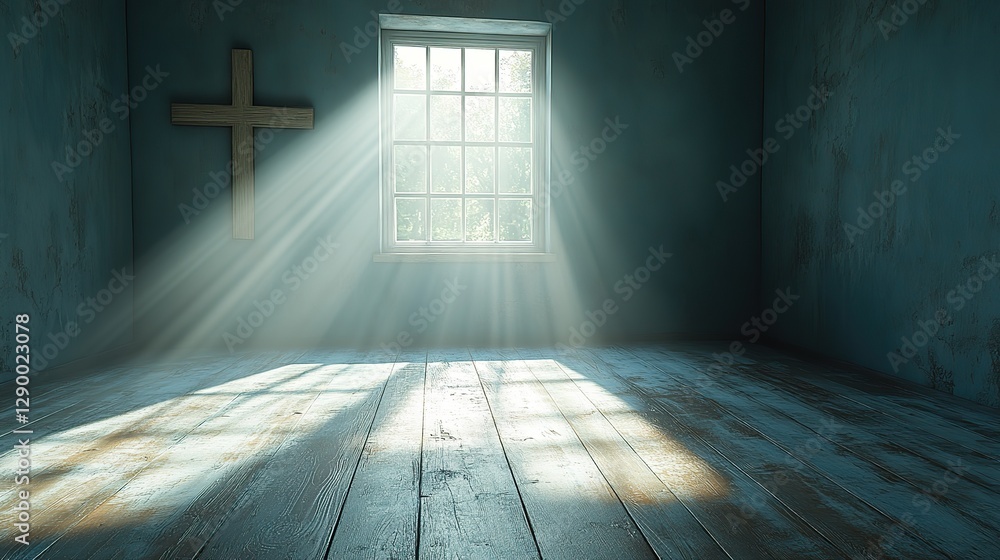 Aufkleber cross in an empty room light coming from the window 3d rendering