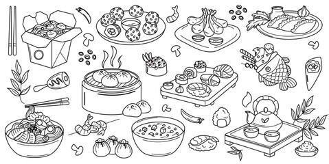 Minimalist black and white doodle illustration of various traditional Asian dishes, including sushi, dumplings, ramen, and more, drawn in a simple and elegant vector style.