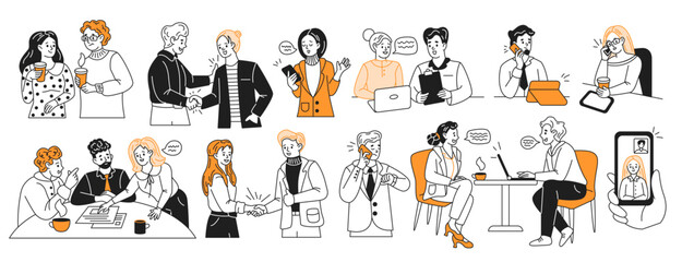 Businesspeople activities color linear icons collection. Engaging in corporate workflow professionals doodle characters on white background