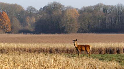 Red deer in autumnal field.