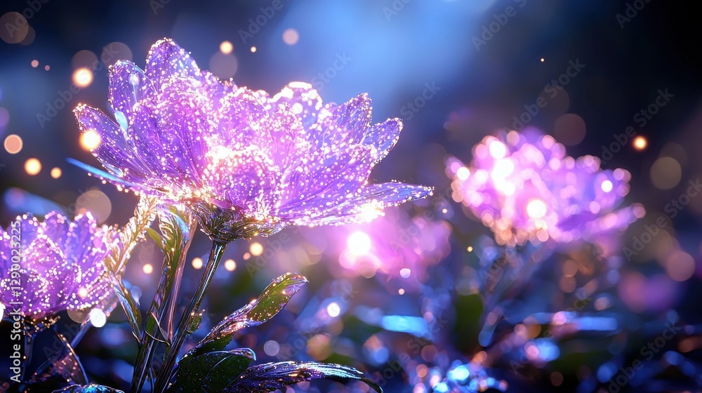 Poster mesmerizing display of sparkling glittering crystal like flowers with ethereal shimmering iridescent