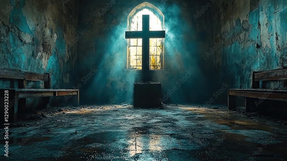 Poster cross in dark room with light and shadow