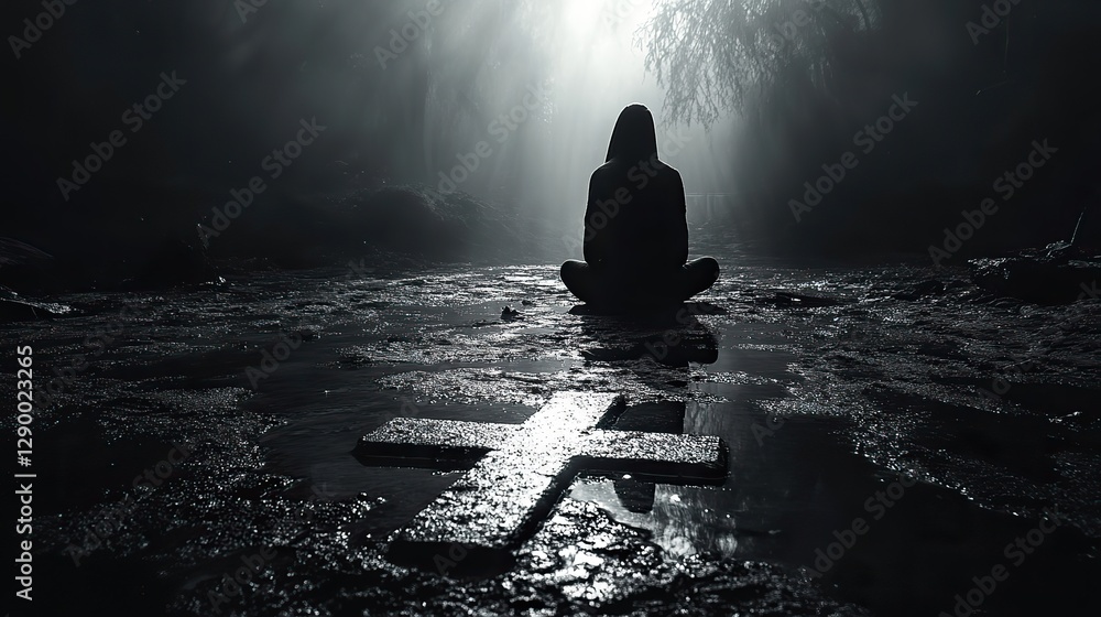Poster cross in dark room with light and shadow