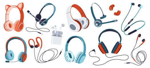 Variety of wireless and wired headphones flat color vector icon set. Assortment of music accessories objects pack on white background