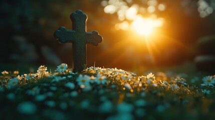 cross in green clover and daisies meadow