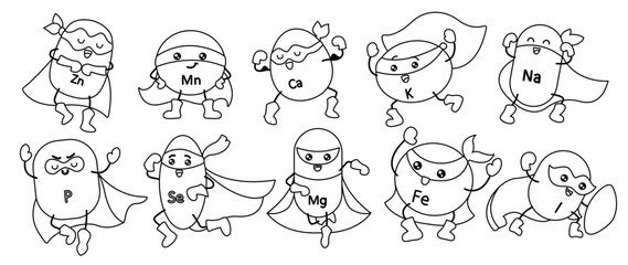 Monochrome illustration of superhero-style trace elements and vitamins, designed as an educational coloring sheet for health and nutrition learning.