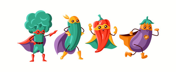A group of vegetable superheroes including broccoli, cucumber, bell pepper, and eggplant, each in colorful masks and capes. A fun and dynamic illustration symbolizing strength and health.