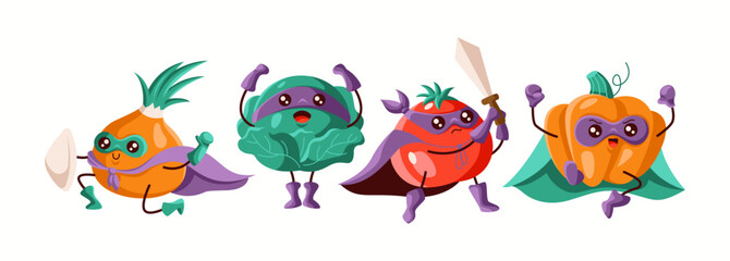 A heroic team of superhero vegetables featuring onion, cabbage, tomato, and pumpkin, all in capes and masks. A vibrant illustration ideal for kids’ content and healthy food branding.