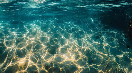 Fototapeta premium created by light bending through clear tropical water, casting fluid shadows on the ocean floor 
