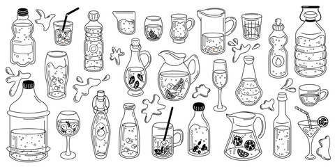 Monochrome illustration of different bottles, pitchers, and glasses filled with water, designed as an educational or coloring sheet for hydration awareness.
