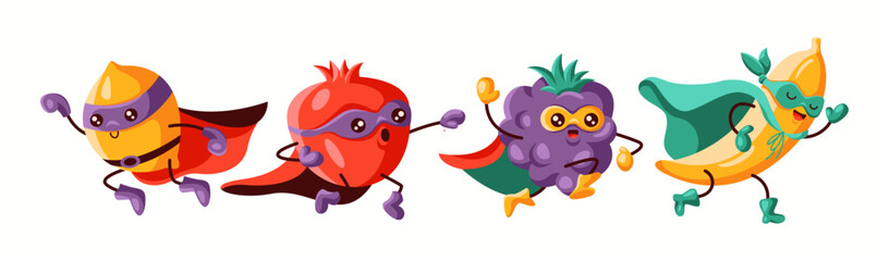 A team of superhero fruits including a lemon, pomegranate, grapes, and banana in masks and capes, running forward. A dynamic and playful illustration representing teamwork and energy. © ApoevArt