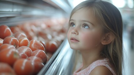 Little Girl Amazed by Tomatoes at the Supermarket