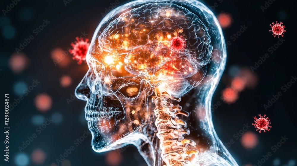 Poster glowing digital brain anatomy scan with viral infection concept 3d x ray or mri visualization of neu
