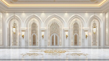 Fototapeta premium Opulent Arabian-style white marble tiles with golden arabesque calligraphy glowing softly under ornate lanterns