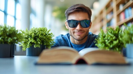 Man Reading a Book in Library with Plants