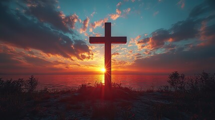 cross of jesus christ on sunset sky background christian religion concept