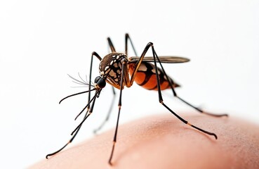 Close-up mosquito drinks blood from human skin. Insect sucking blood. Macro photo of parasite bite. Mosquito is carrier of malaria, dengue fever or Zika virus. Dangerous tropical parasitic insect.