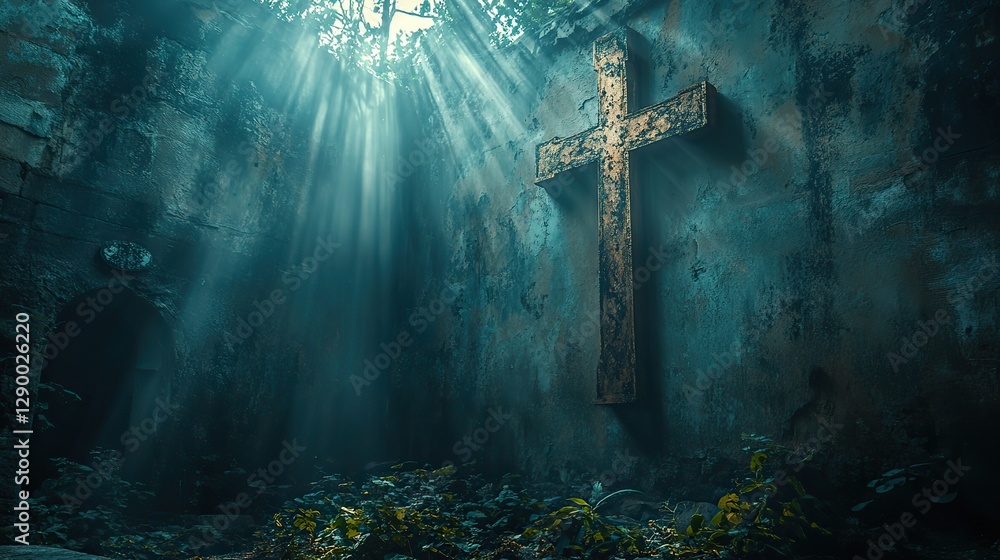 Aufkleber cross on a dark wall with rays of light coming through the window