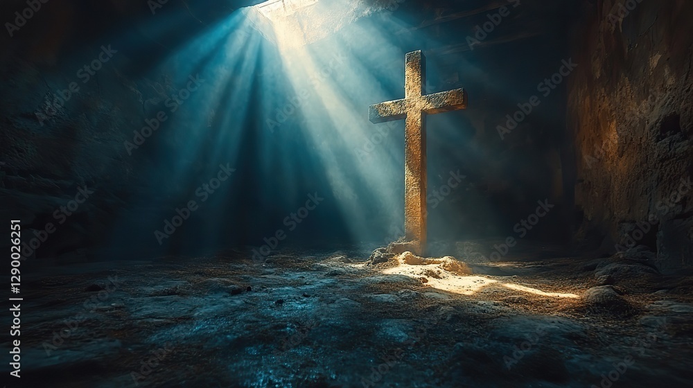 Aufkleber cross on a dark wall with rays of light coming through the window