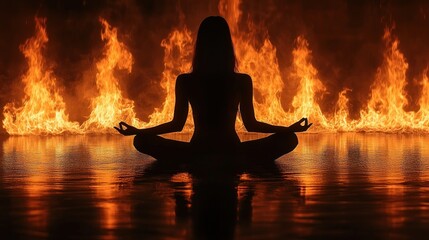 Serene Silhouette: A Woman Meditates Amidst a Fiery Inferno, Reflecting Inner Peace and Strength