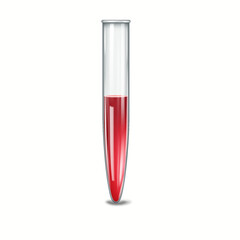 Highly detailed illustration of a transparent test tube containing red liquid. The tube is isolated on a white background casting a small shadow suggesting three-dimensional form.