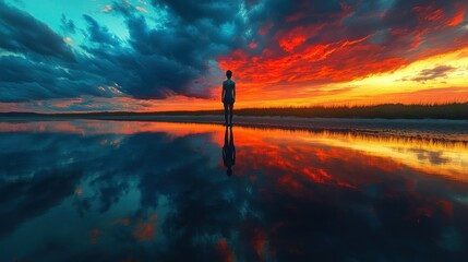 Fiery Sunset Reflection: A Solitary Figure at the Water's Edge