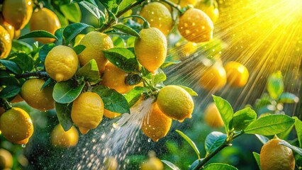 Lush citrus farm, aerial view: vibrant lemon trees thrive under a refreshing water spray irrigation system.