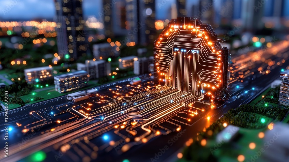 Poster futuristic glowing circuit board cityscape with illuminated skyscrapers busy highway at night and ab