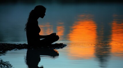 Serene Sunset Silhouette: A Woman Meditates by the Lake's Edge